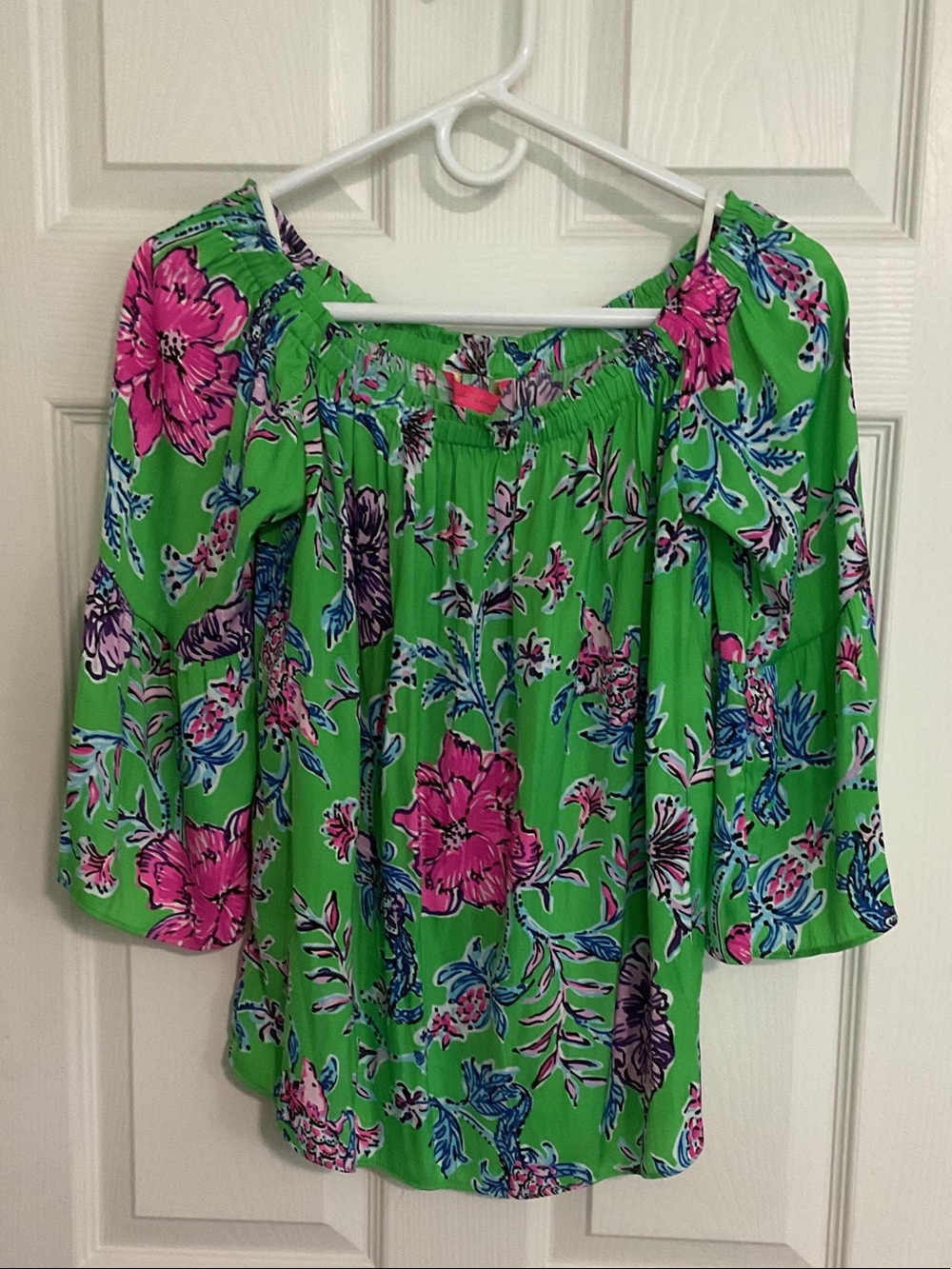 Lilly Pulitzer Green Off-Shoulder Floral Blouse with Pink & Purple Blooms